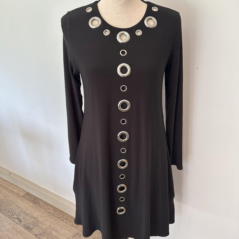 VTG Joseph Ribkoff Fit and Flare Black Dress Midi Metal Circle Detail on Front 8 - Picture 10 of 10